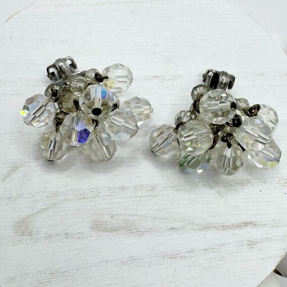 Vintage MCM Aurora Borealis AB Faceted Crytal Cluster Cha Cha Clip On Earrings - Picture 4 of 14